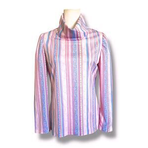 VNTG 70s Handmade Turtle Neck Top Sz S/M Pink Floral Stripe Indie Funky
